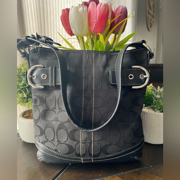 Coach Handbags - *SOLD* Coach Black Signature Canvas Leather Hobo Bag
